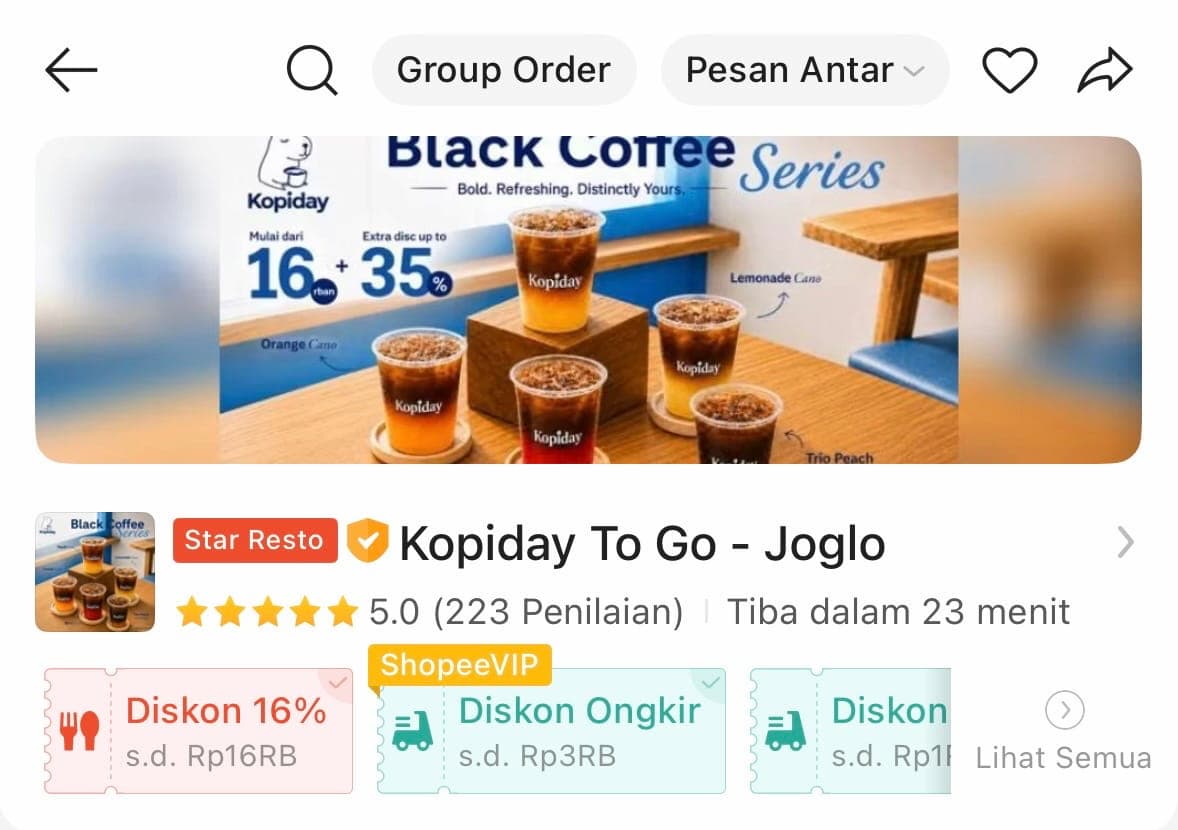 Toko Kopiday To Go Joglo berlabel Star Resto dengan rating 5.0 di Shopee